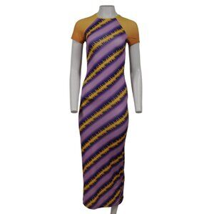 Maisie Wilen Womens Purple Yellow Slinky Baseball Dress Medium Poly Stretch